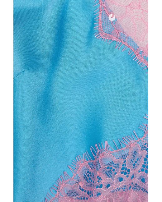 retroféte Blue Jocelyn Embellished Lace-trimmed Satin Midi Slip Dress