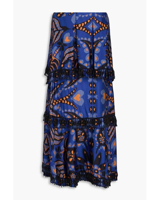 Farm Rio Blue Fringed Bead-embellished Printed Satin Midi Skirt