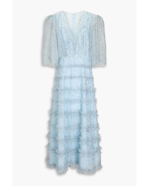 Costarellos Blue Ruffled Glittered Tulle Gown
