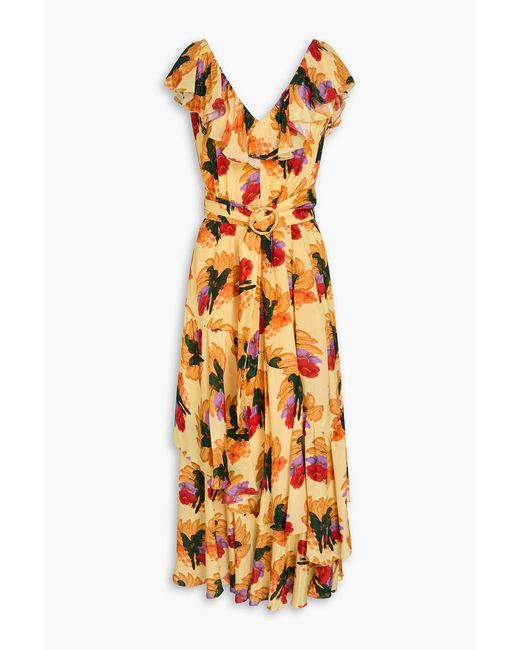 Farm Rio Metallic Ruffled Printed Crepe De Chine Maxi Dress