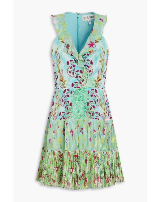 Saloni Green Wrap-Effect Printed Silk Crepe De Chine Mini Dress