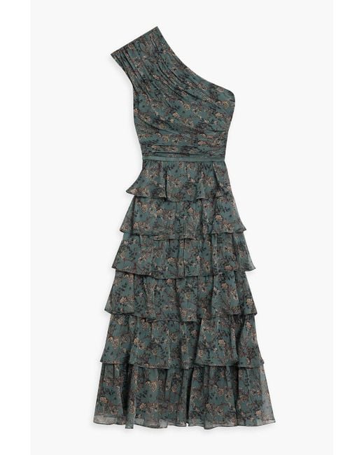 Mikael Aghal Green One-shoulder Ruffled Floral-print Georgette Midi Dress