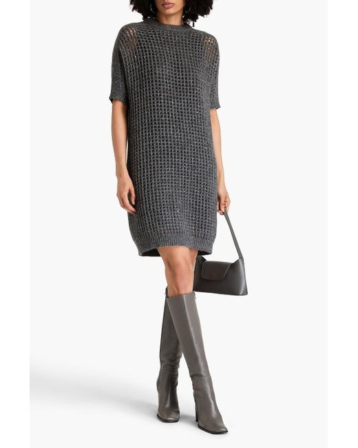 Brunello Cucinelli Gray Sequin-embellished Metallic Open-knit Mini Dress