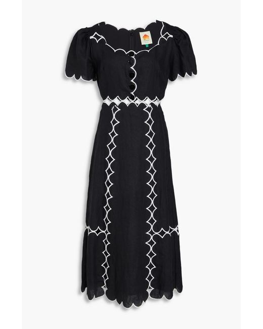 Farm Rio Black Embroidered Linen Midi Dress