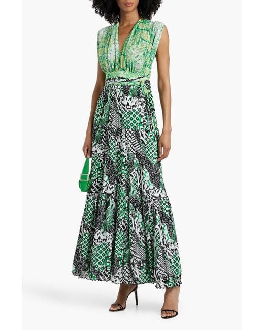 Diane von Furstenberg Drew Tiered Snake-Print Mesh Maxi Dress in Green |  Lyst
