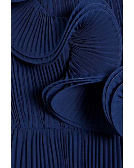 Badgley Mischka Blue One-shoulder Tiered Plissé-chiffon Gown