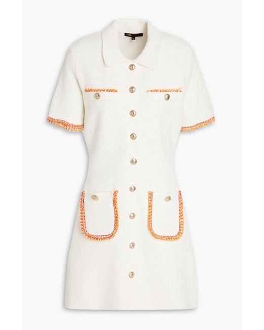 Maje White Risal Bouclé-knit Cotton-blend Mini Dress