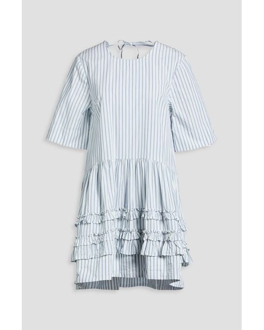 Ganni Blue Ruffled Striped Cotton-Poplin Mini Dress