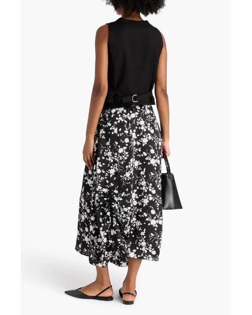 High White Floral-Print Satin Midi Skirt