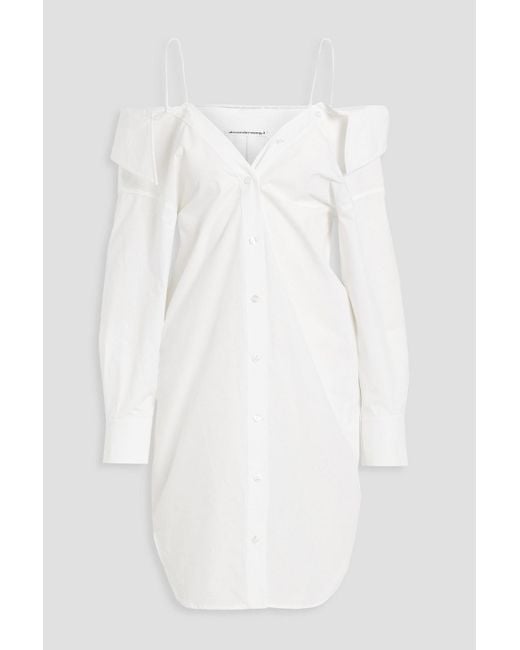 T By Alexander Wang White Cold-shoulder Cotton-poplin Mini Shirt Dress