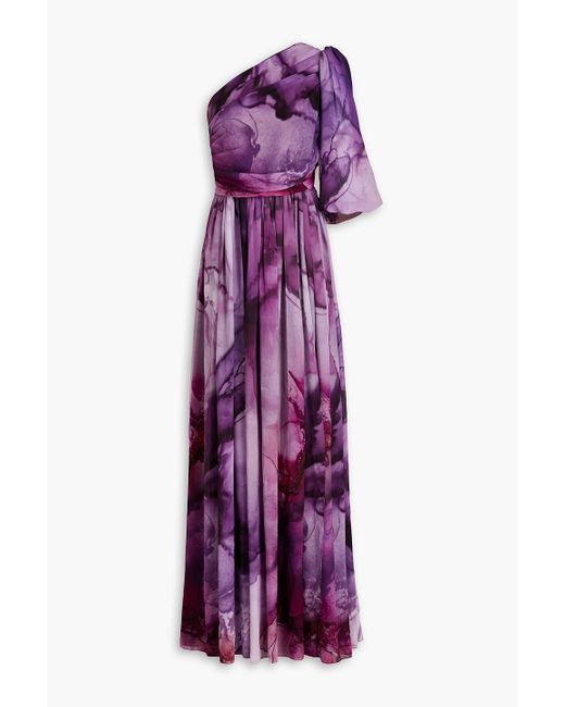 Costarellos Purple One-sleeve Printed Chiffon Gown