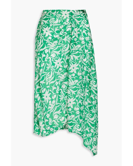 Maje Green Draped Floral-print Cupro-blend Satin-twill Midi Skirt