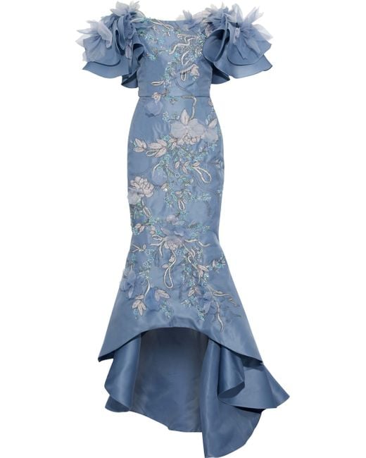 Marchesa Off-the-shoulder Embellished Silk-gazar Gown Storm Blue