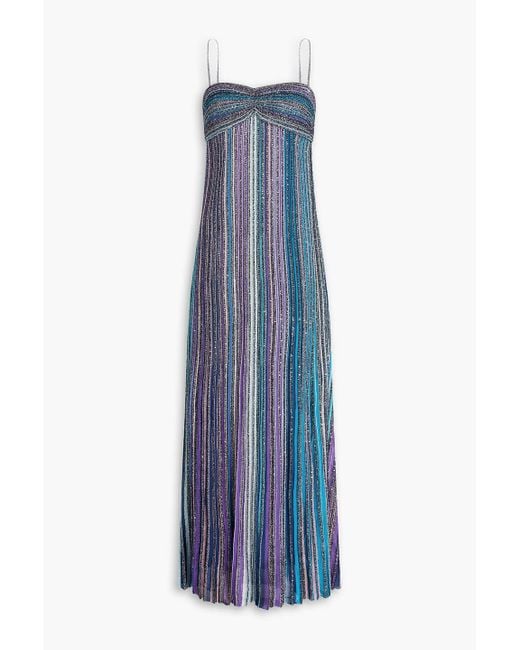 missoni sequin-embellished striped crochet-knit maxi dress Missoni Sequin-embellished Striped Ribbed-knit Maxi Dress in Blue