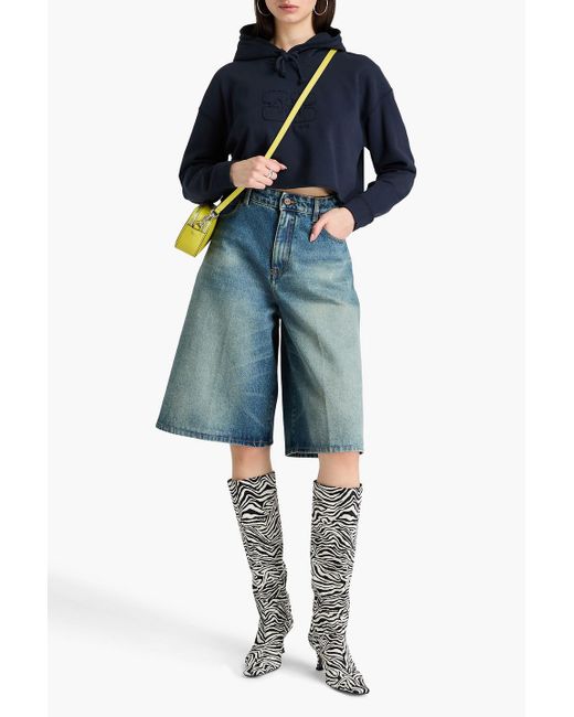 Ganni Blue Cropped French Cotton-terry Hoodie