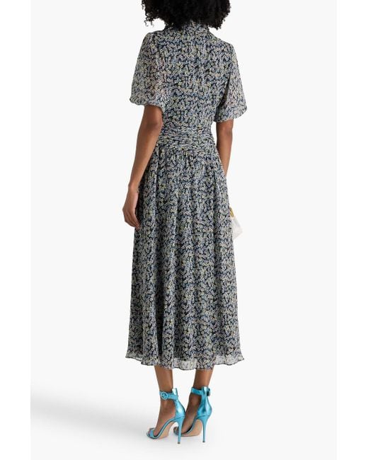 Mikael Aghal Gray Gathered Floral-Print Chiffon Midi Dress