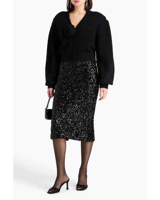 ROTATE BIRGER CHRISTENSEN Black Sequined Mesh Midi Pencil Skirt