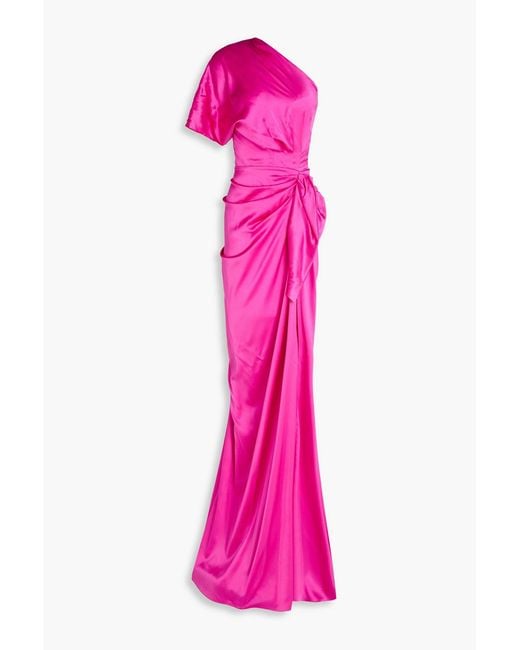 Rhea Costa Pink One-sleeve Draped Silk-blend Satin Gown