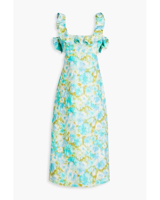 Zimmermann Blue Ruffled Floral-print Linen Midi Dress