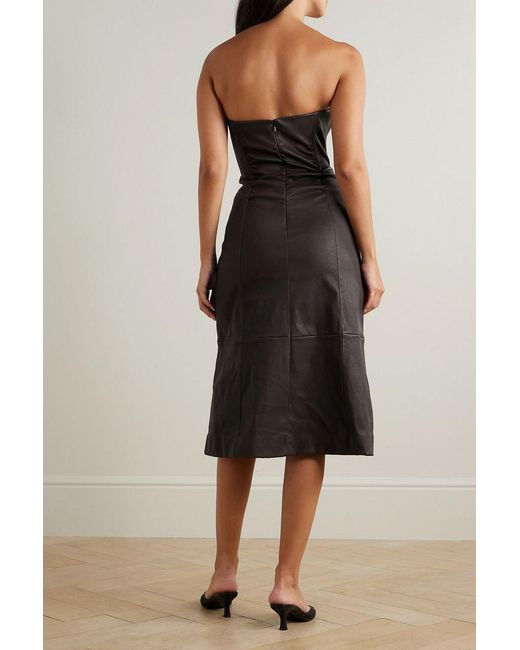 Staud Black Bowery Gathered Leather Midi Dress
