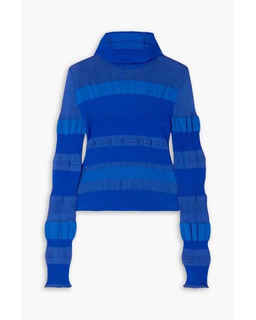 Acne Blue Striped Ribbed-knit Hooded Turtleneck Sweater