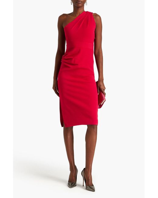 Hervé Léger Red Drapiertes kleid aus stretch-ponte mit asymmetrischer schulterpartie und verzierung