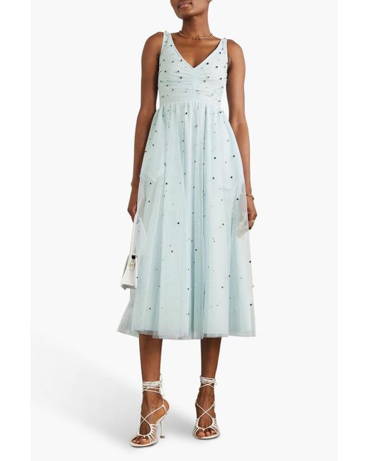 RED Valentino Blue Crystal-embellished Ruched Tulle Midi Dress