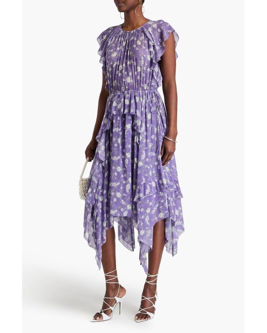 Ulla Johnson Purple Ruffled Floral-Print Silk-Georgette Midi Dress