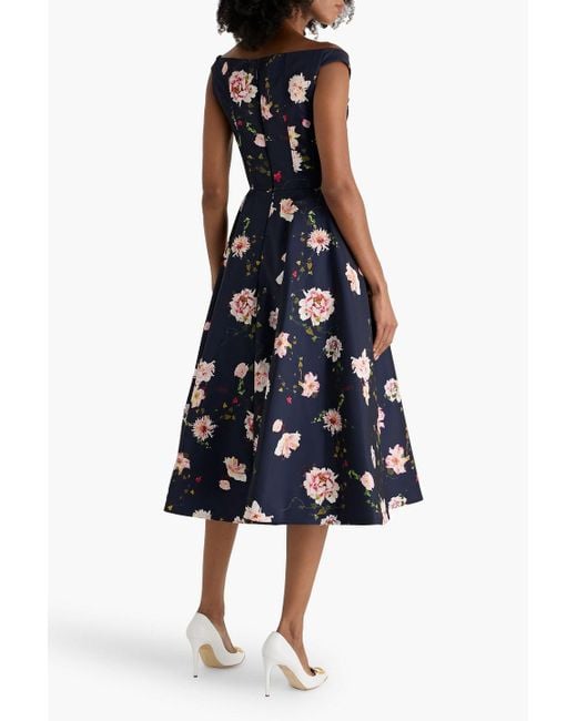 Monique Lhuillier Blue Off-The-Shoulder Floral-Print Faille Midi Dress