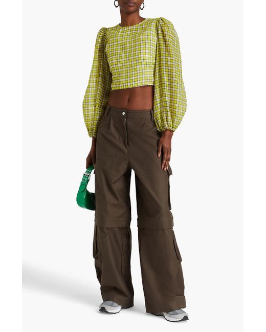 Ganni Green Cropped Checked Organza Blouse
