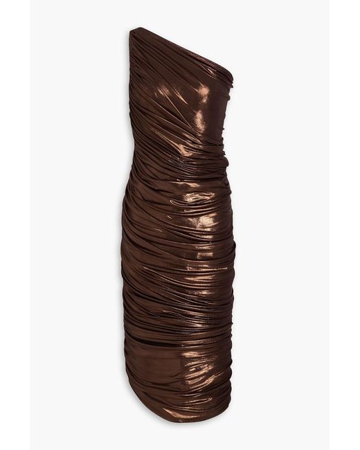 Norma Kamali Brown Diana One-Shoulder Draped Lamé Gown