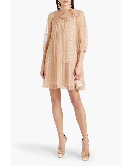 RED Valentino Natural Pussy-bow Glittered Tulle Mini Dress