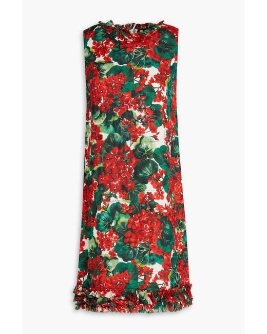 Dolce & Gabbana Red Minikleid aus einer seidenmischung mit floralem print und rüschen