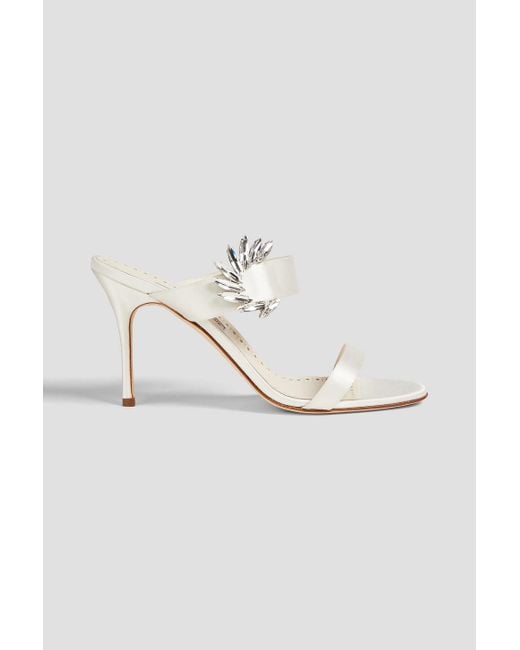 Manolo Blahnik White Crystal-embellished Satin Sandals