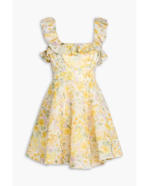 Zimmermann Yellow Ruffled Floral-print Linen And Silk-blend Gauze Mini Dress