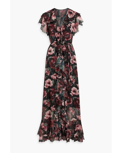 Mikael Aghal Red Ruffled Floral-Print Georgette Maxi Dress