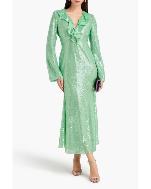 Self-Portrait Green Ruffled Sequined Mesh Midi Dress
