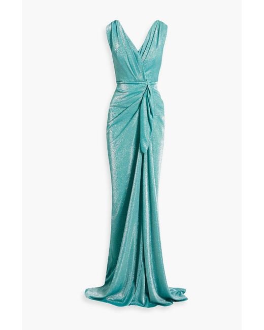 Rhea Costa Green Draped Glittered Jersey Gown