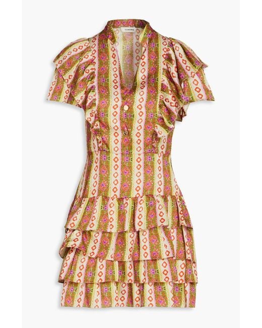 Sandro Green Ruffled Printed Twill Mini Dress