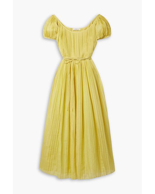 Tory Burch Yellow Pleated Striped Cotton And Silk-blend Voile Midi Dress