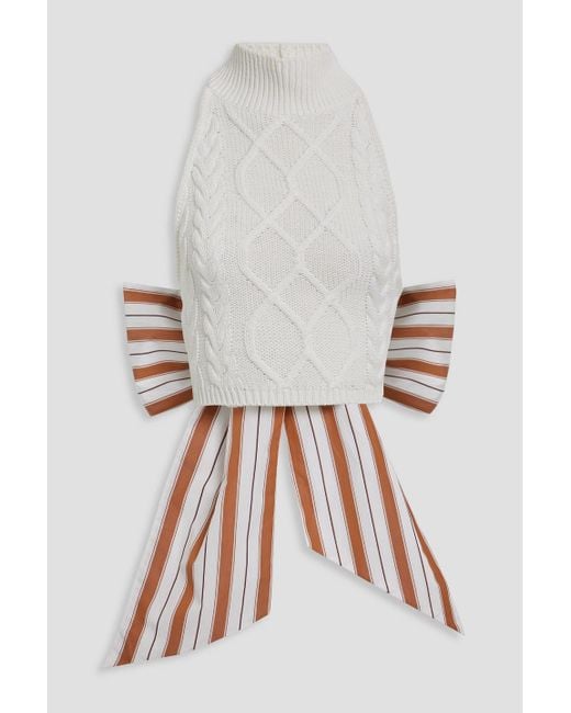 Rosie Assoulin White Bow-detailed Striped Cotton-poplin And Cable-knit Top