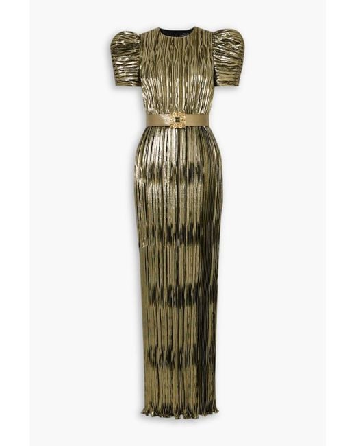 Andrew Gn Green Belted Plissé-lamé Gown
