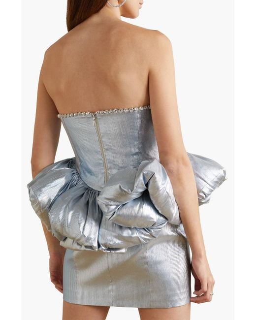 Miss Sohee Blue Strapless Embellished Lamé Peplum Mini Dress