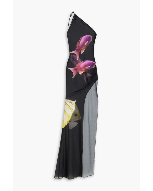 David Koma Blue One-Shoulder Printed Mesh Gown