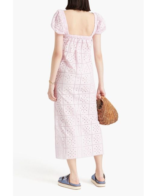 Ganni Pink Broderie Anglaise Cotton Midi Dress