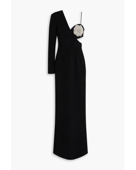 Rebecca Vallance Black Sachiel One-Shoulder Crystal-Embellished Crepe Gown