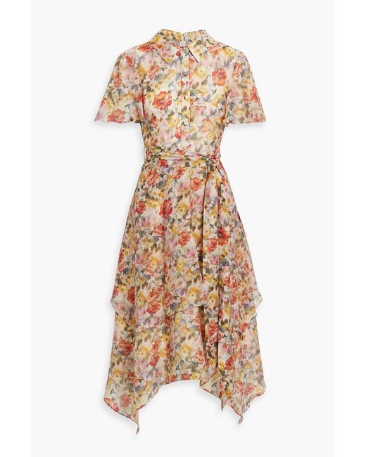 Mikael Aghal Natural Belted Floral-Print Voile Midi Shirt Dress