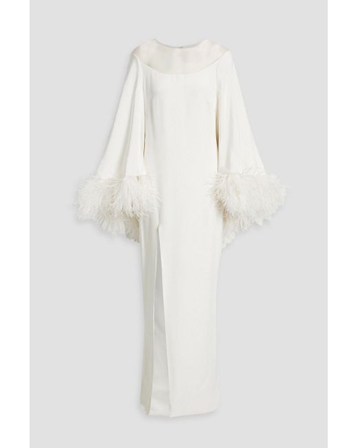 Monique Lhuillier White Feather-embellished Crepe And Tulle Gown