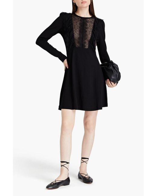 Alberta Ferretti Black Lace-paneled Stretch-knit Mini Dress