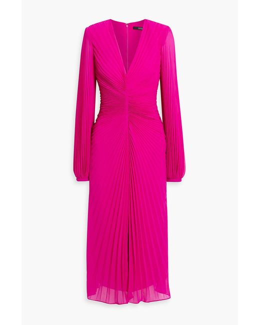 Badgley Mischka Pink Plissé-Chiffon Midi Dress